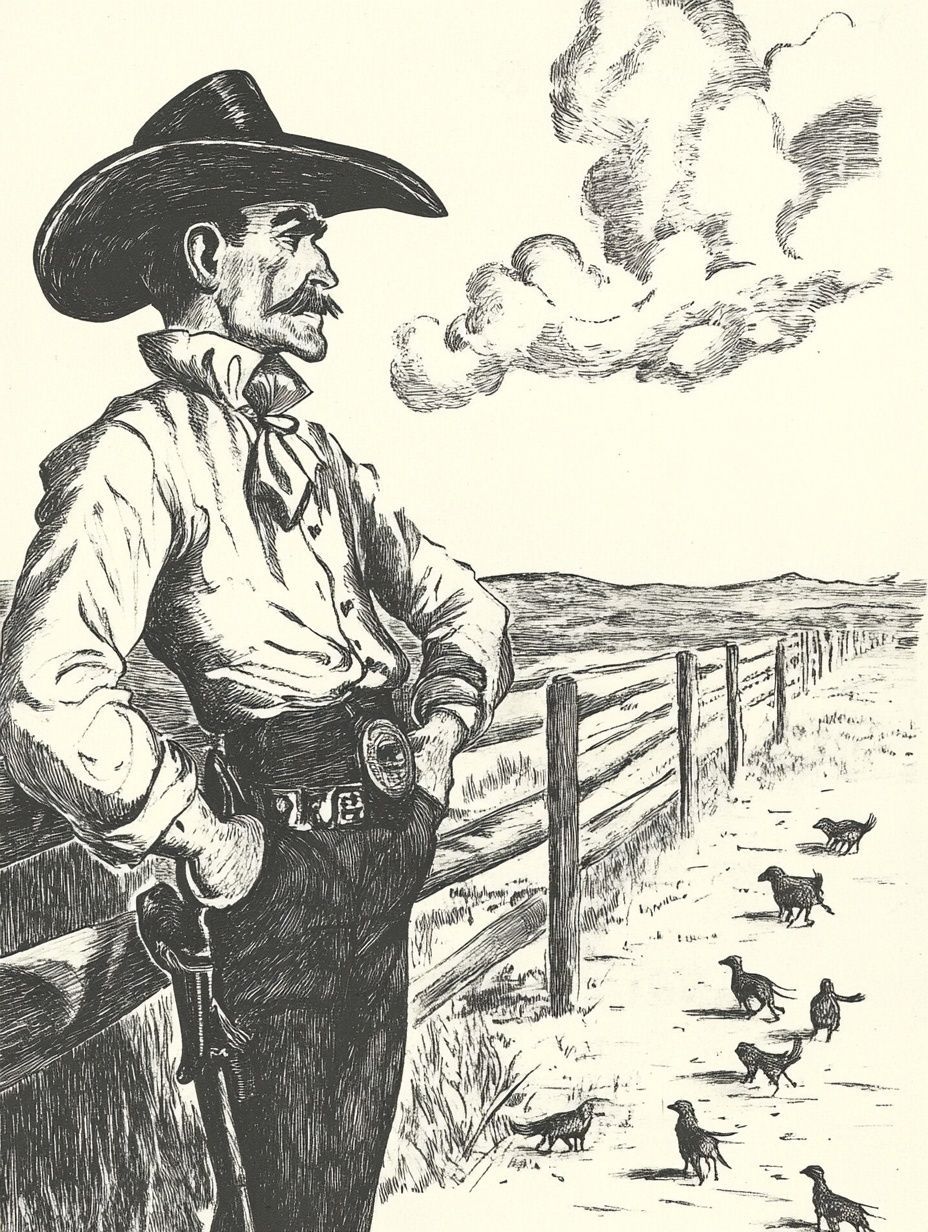 cowboy stands by fence, prairie dogs