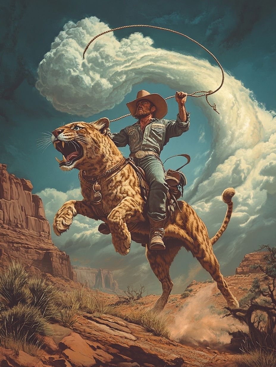 cowboy with lasso rides mountain lion in the desert, cyclone brewing in the background