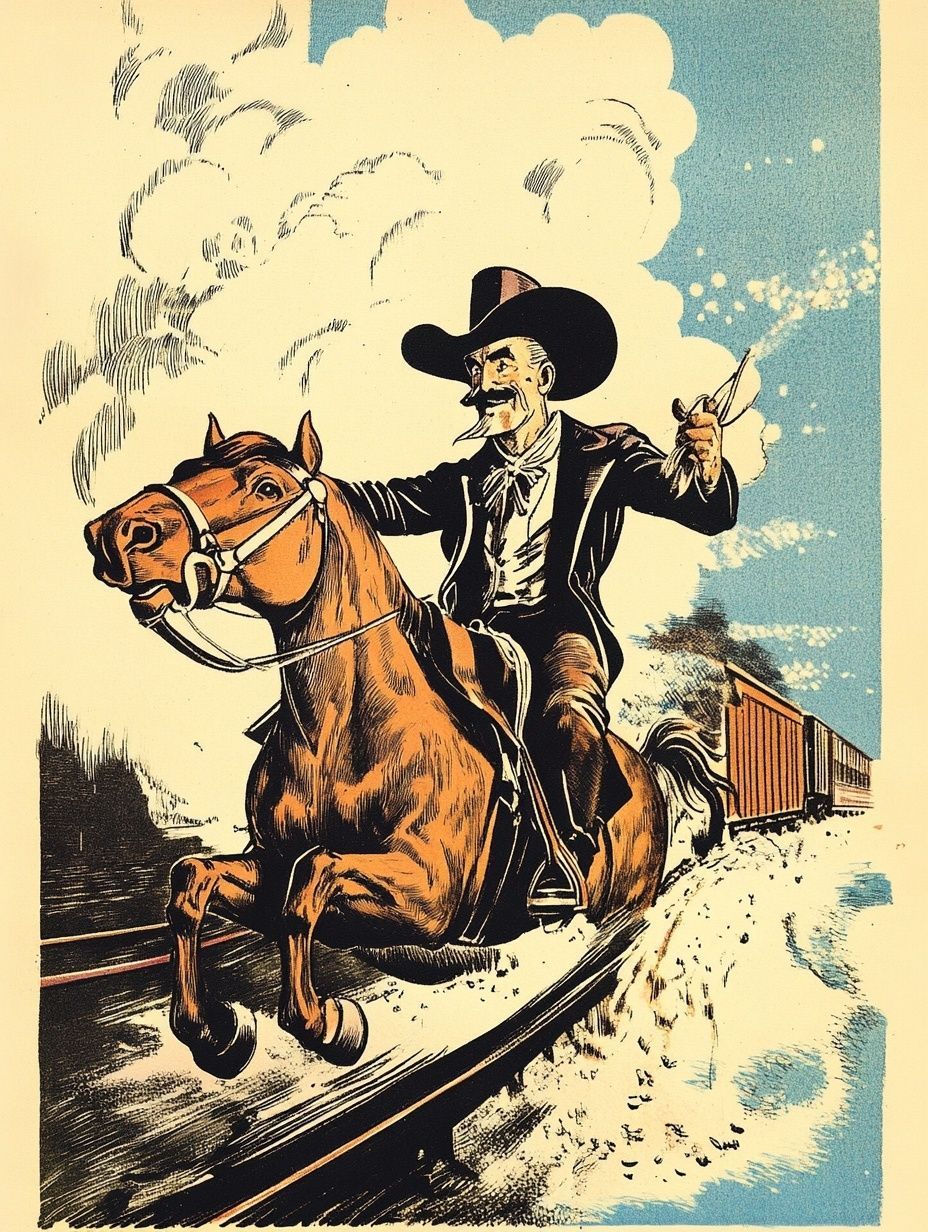 outlaw riding horse in front of train