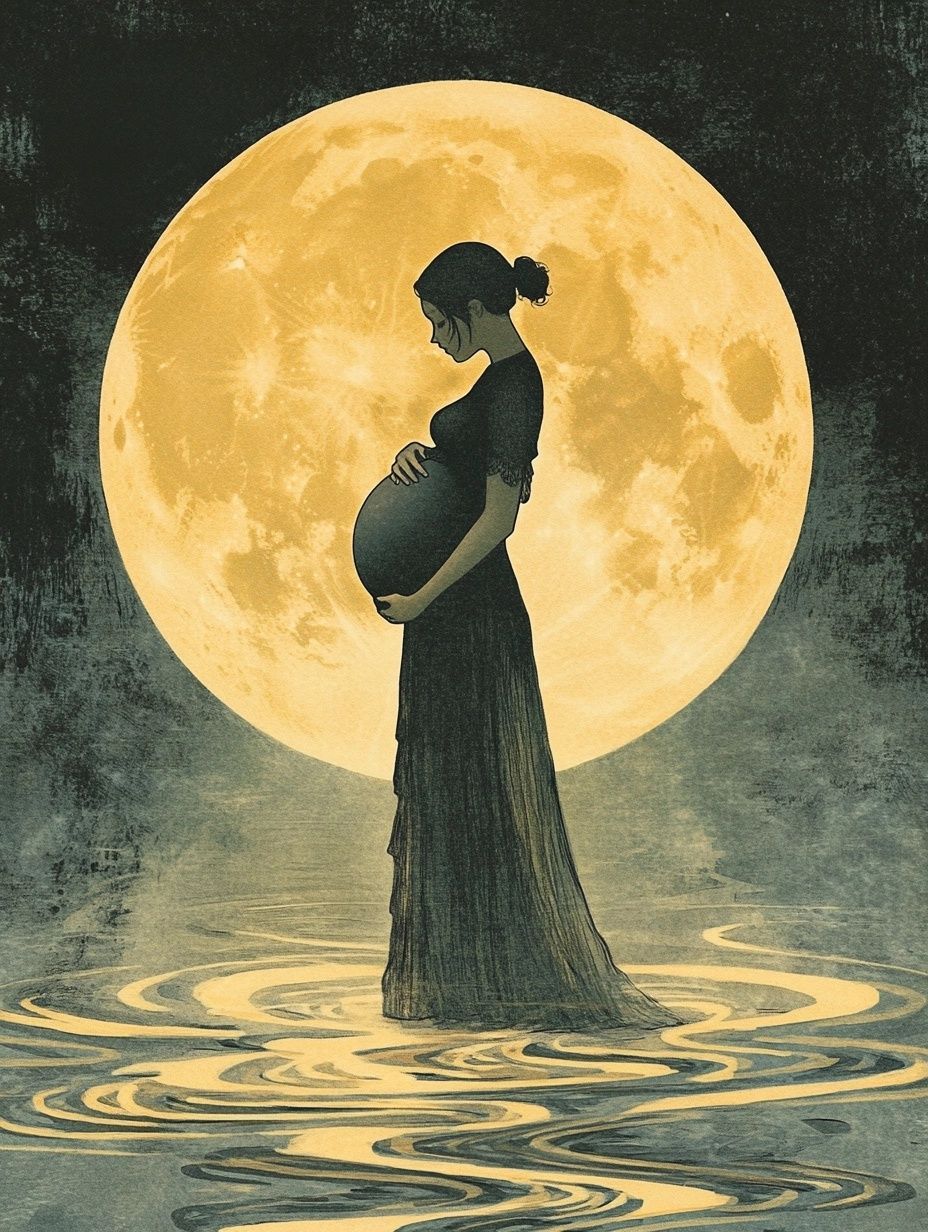 pregnant woman standing in front of a full moon