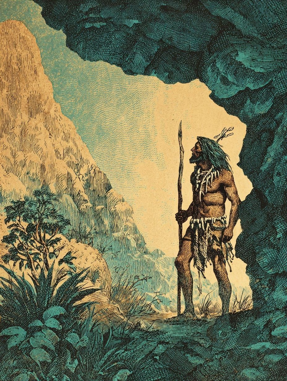 prehistoric man holding stick, standing at cave entrance, mountain in background