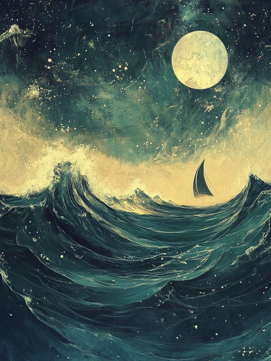 stormy sea under full moon