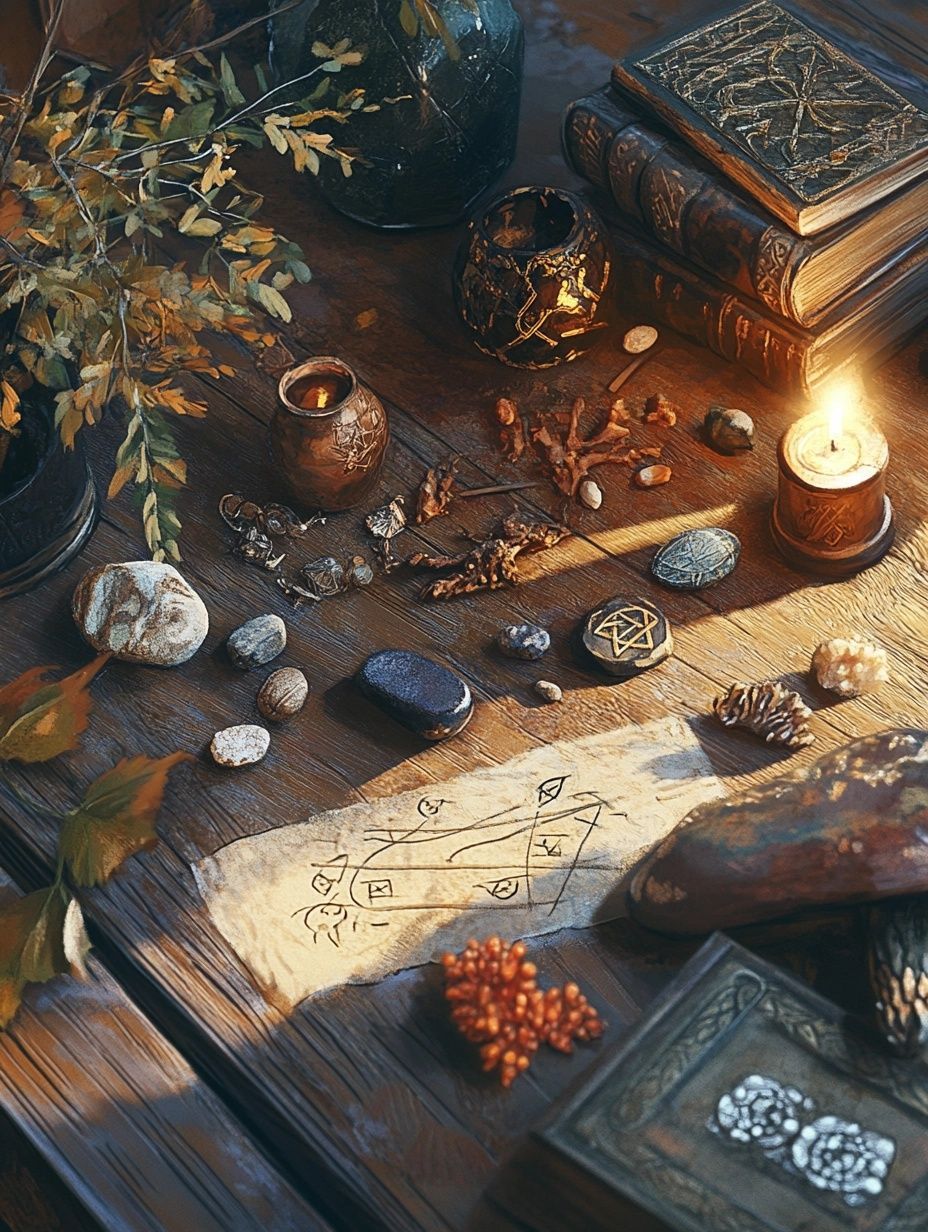 stones, candles, wooden table