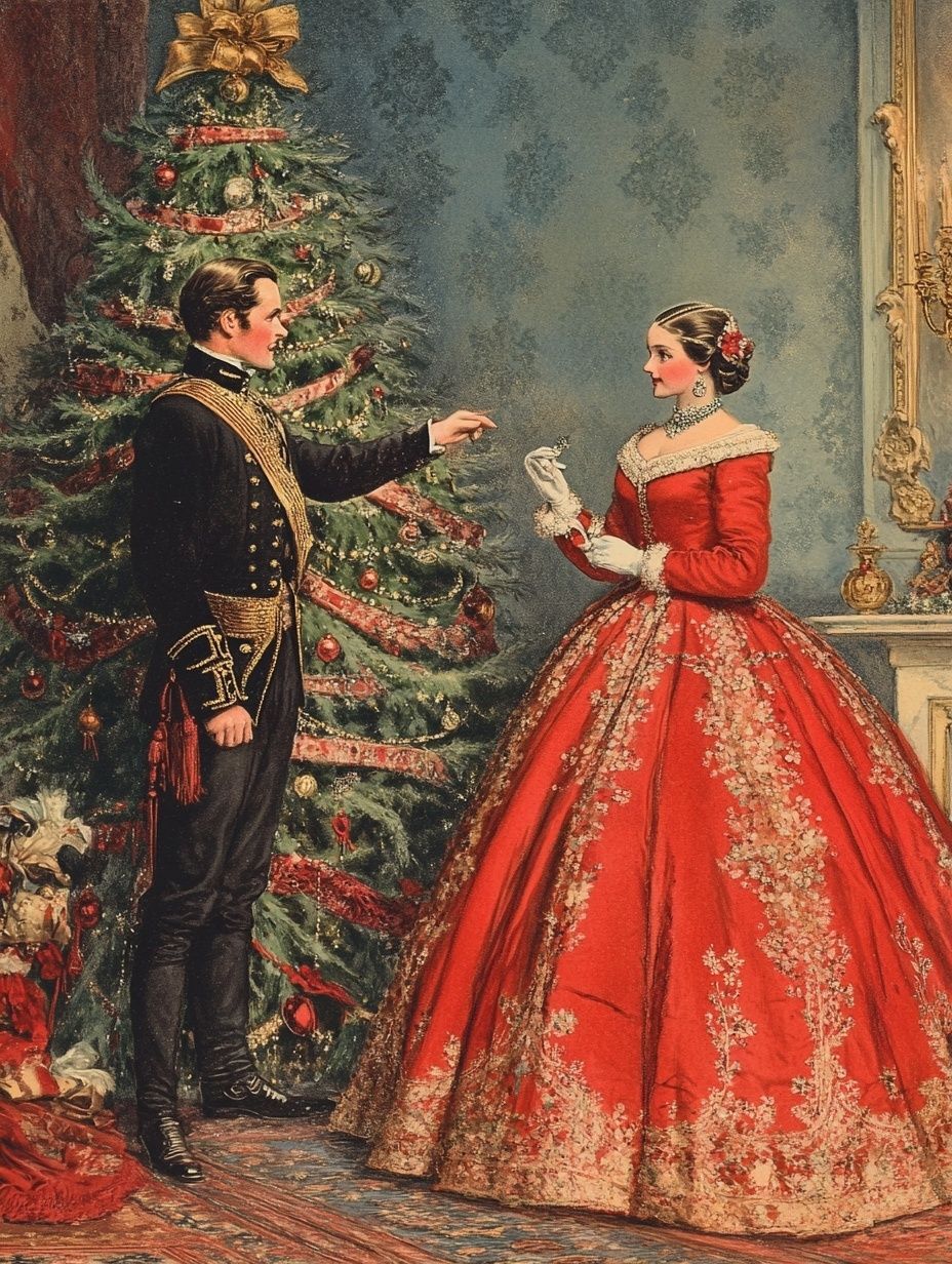 queen Victoria and Prince Albert in front of an ornate decorated Christmas tree 