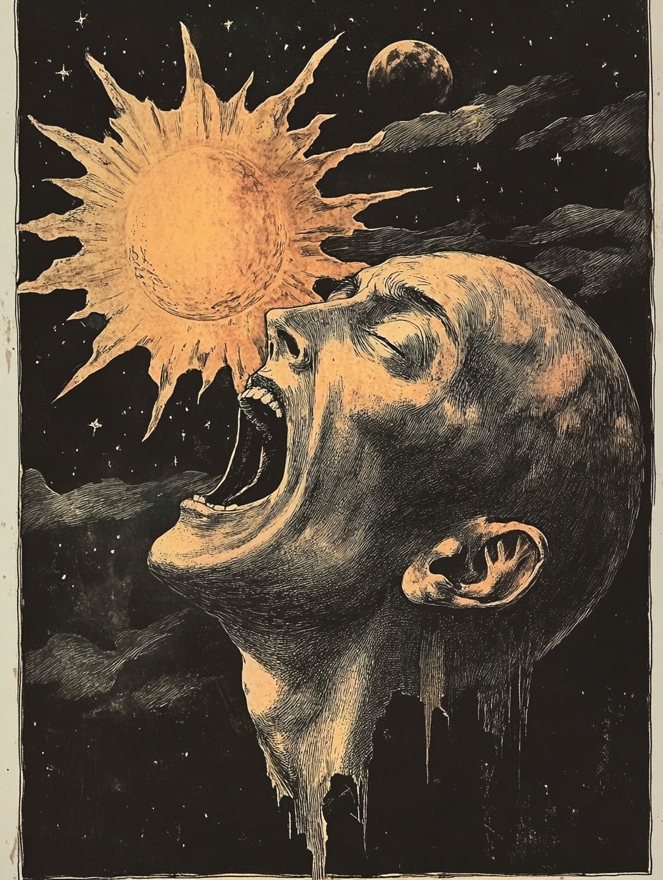 a head with mouth open under the sun