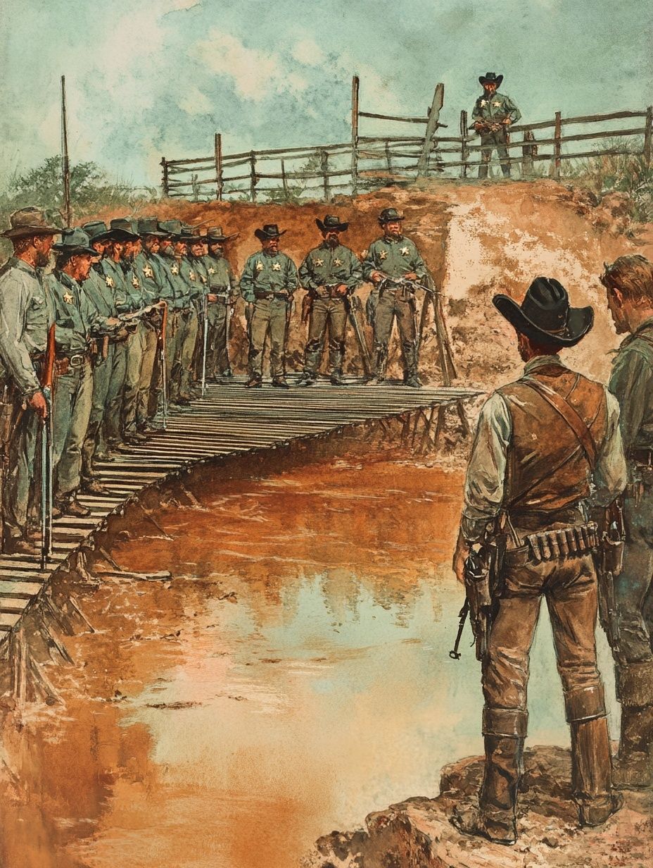 lawmen and soldiers face off against each other at a bridge over a muddy river