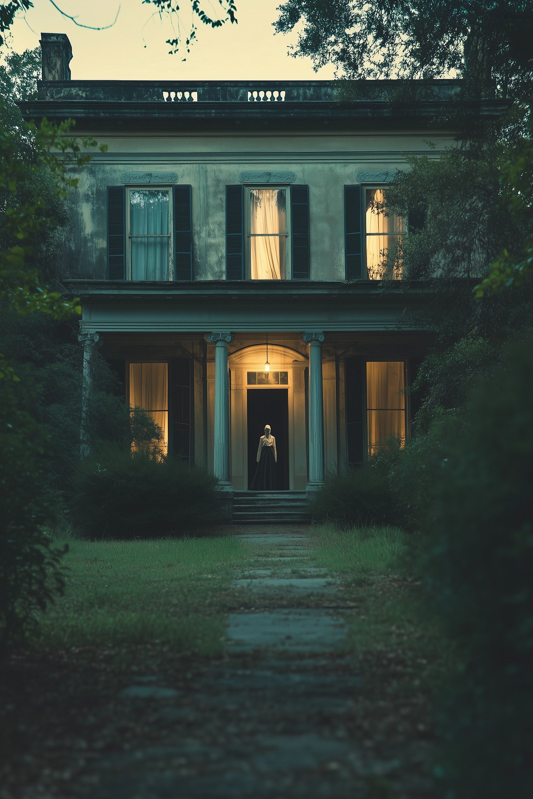 A grand, decaying Southern mansion stands in the middle of overgrown gardens. A spectral figure in old-fashioned clothing stands in the doorway, dusk, tennessee folklore