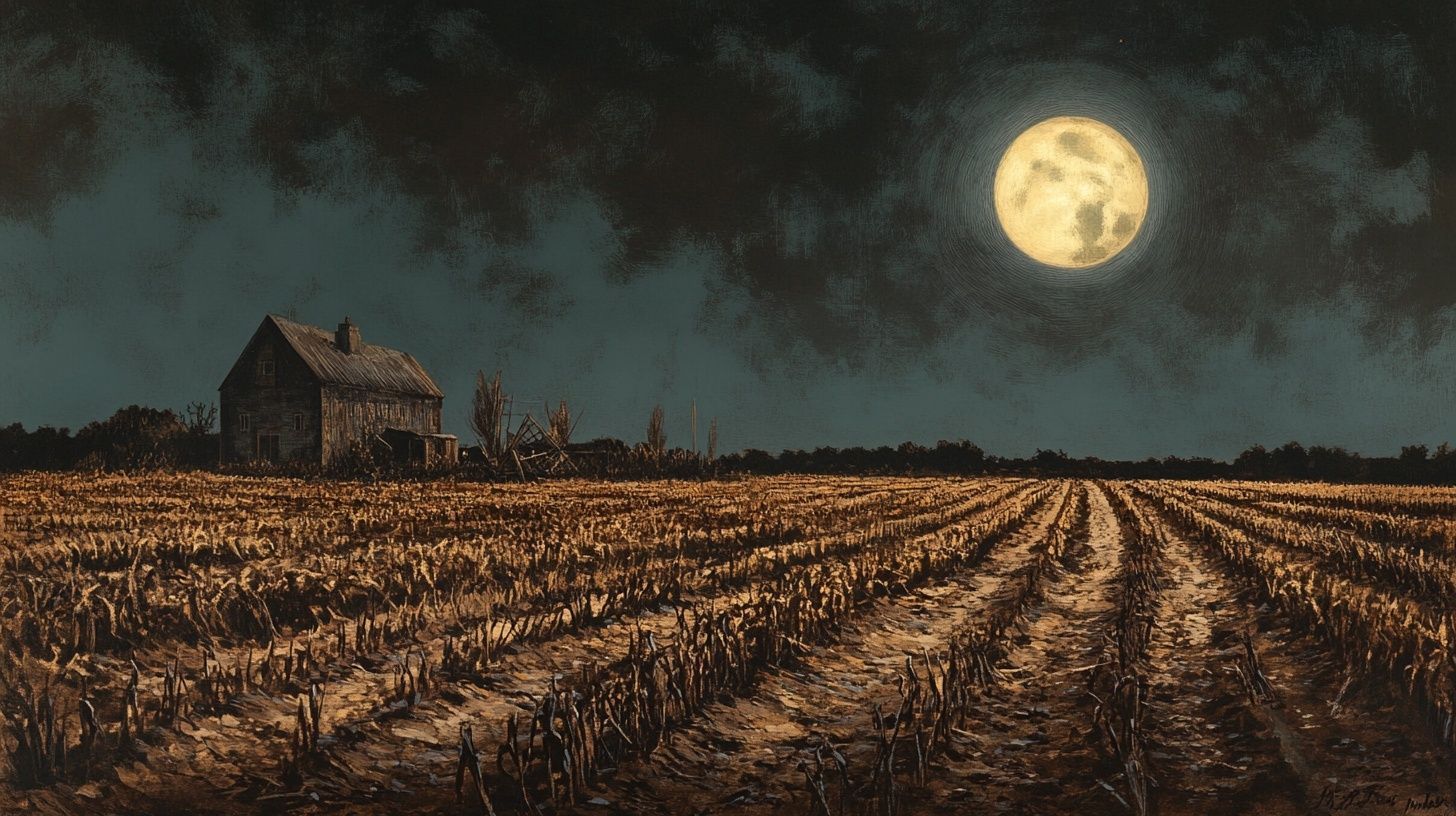 arid farmland, brown rusty crops, nighttime, bright full moon