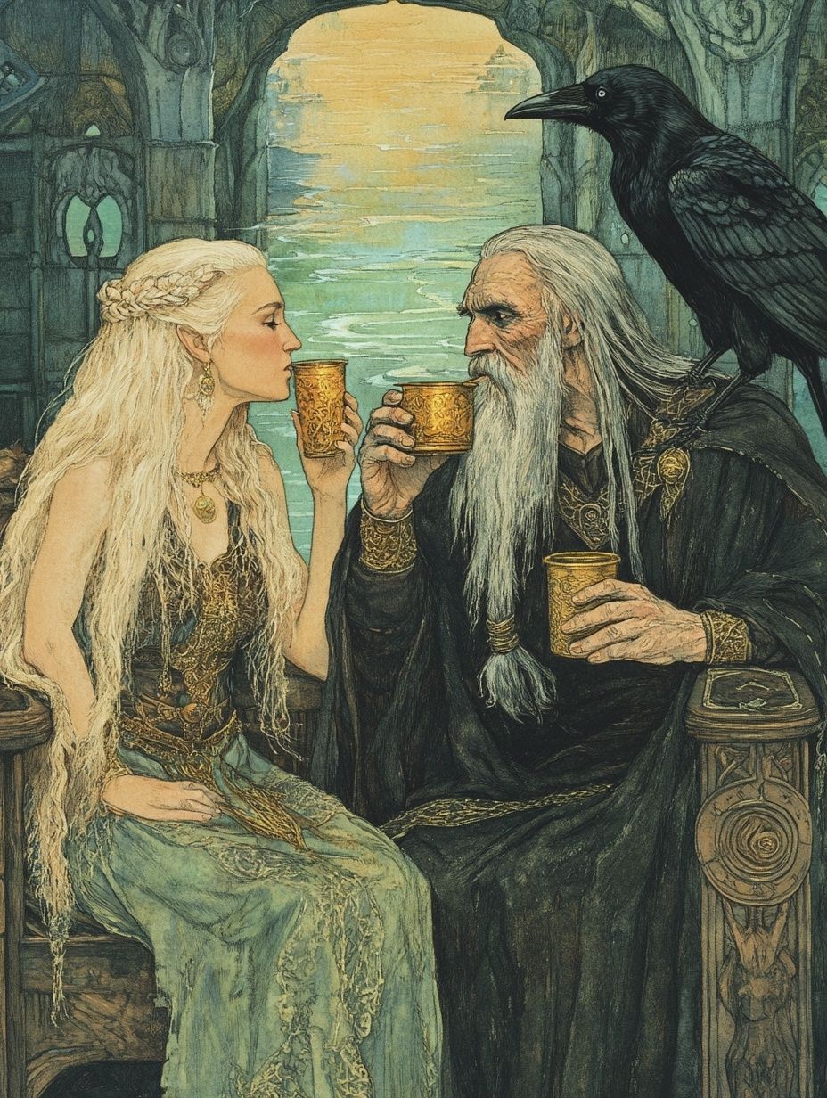 A goddess and a one-eyed old man sit across from each other on carved wooden thrones, drinking from golden beakers inside a hall made of crystal, shimmering watery light filtering from a river above, black raven perched, vintage illustration.