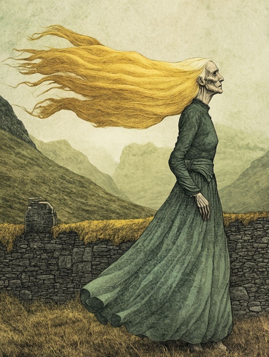an aged woman long blonde hair blowing in the wind, long green dress