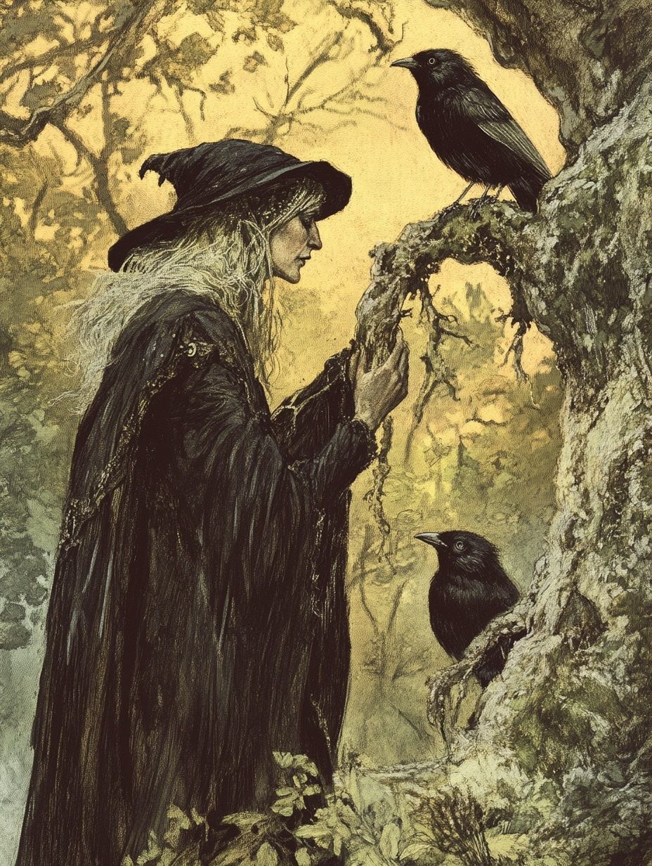 woman in black cloak, black hat, stands by tree, ravens
