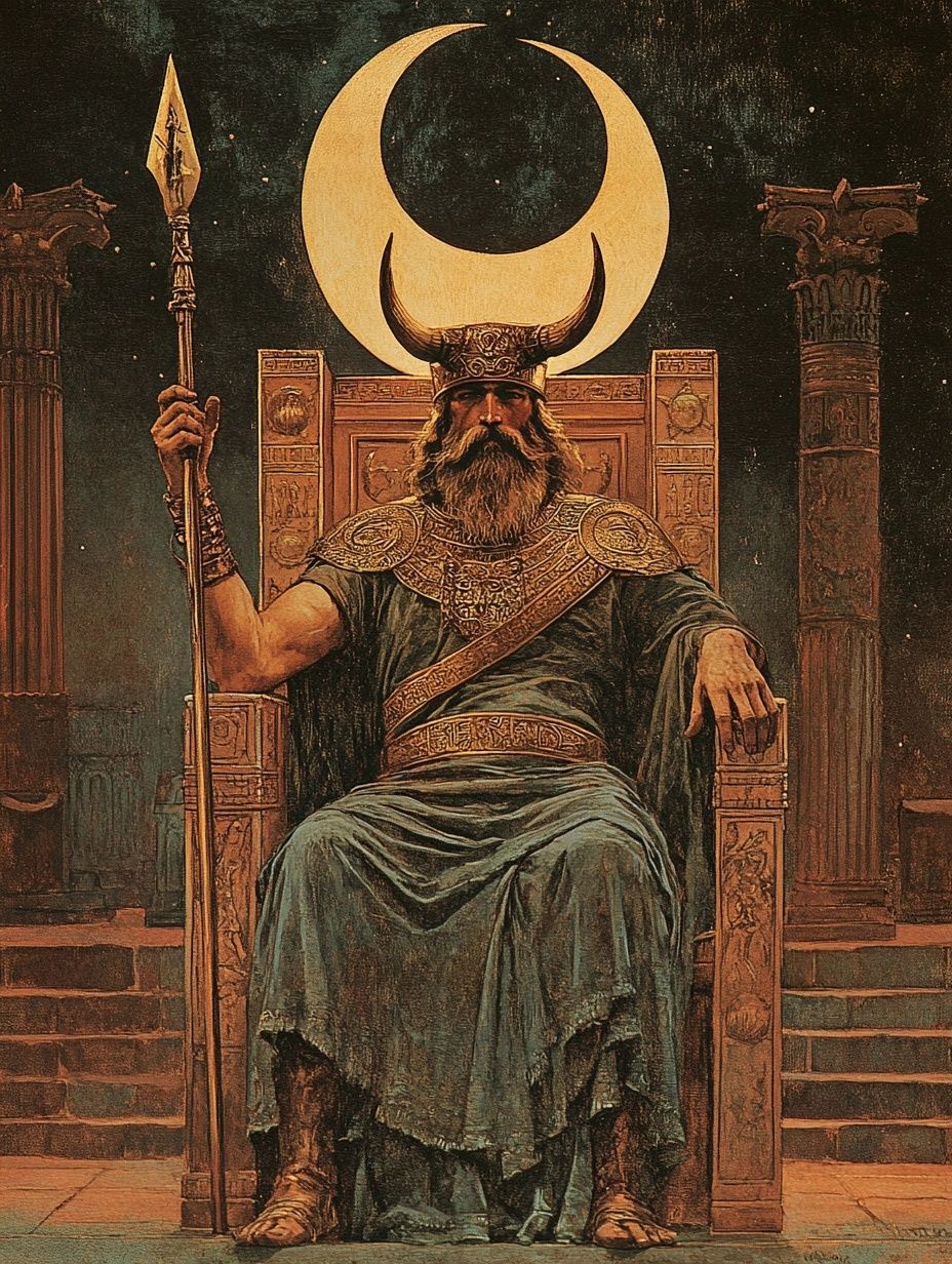 moon god sin sits in an ornately decorated throne in front of a crescent moon