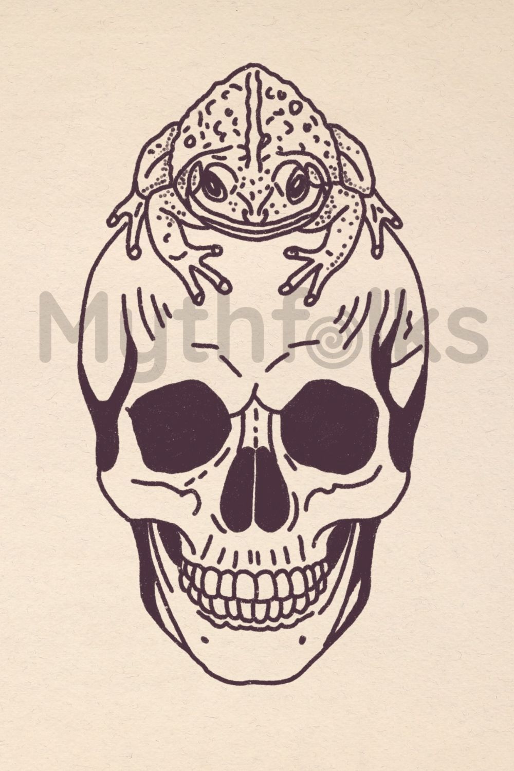 original vintage illustration skull, toad on top, copyright Mythfolks