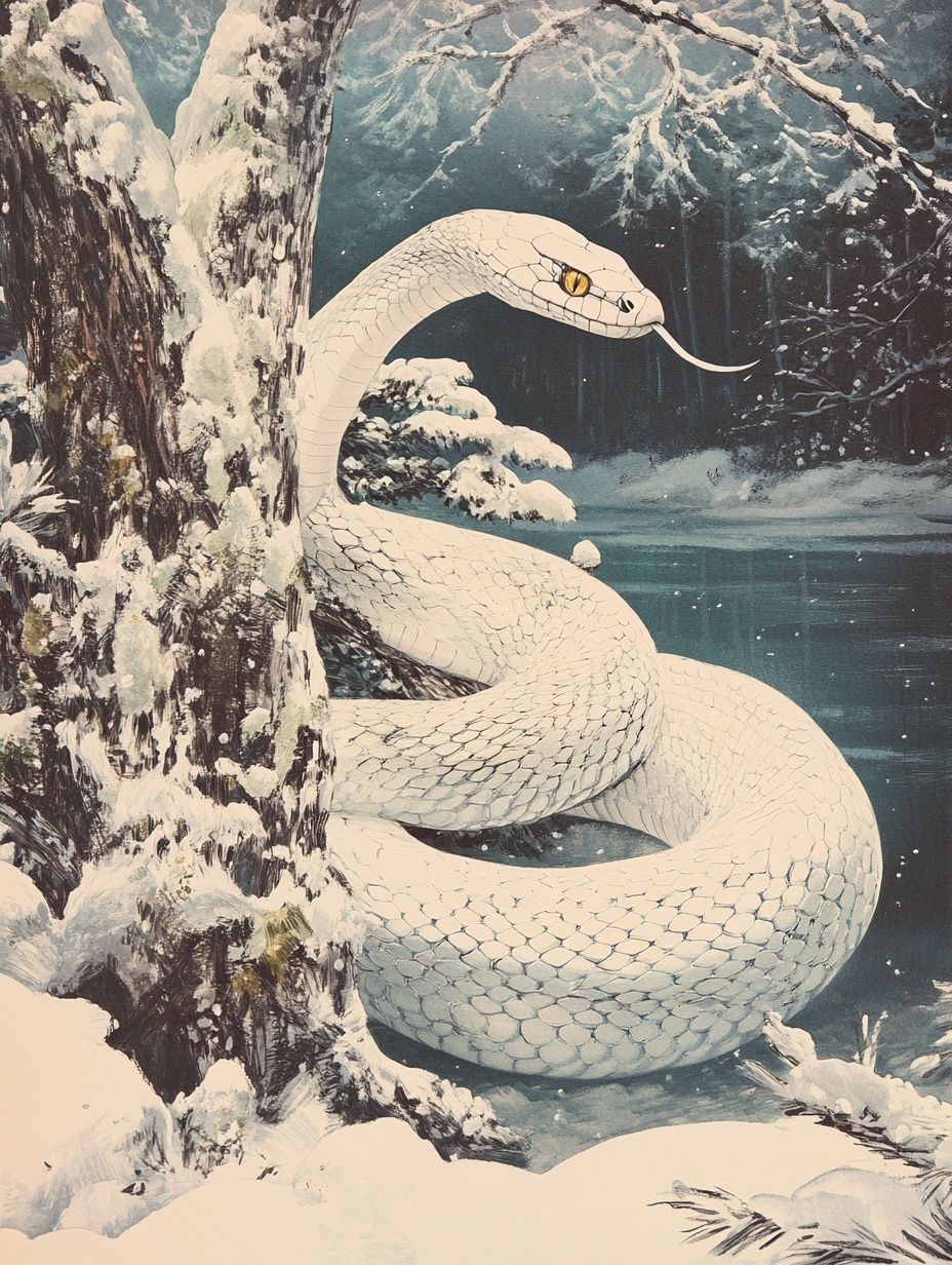white snake frozen lake