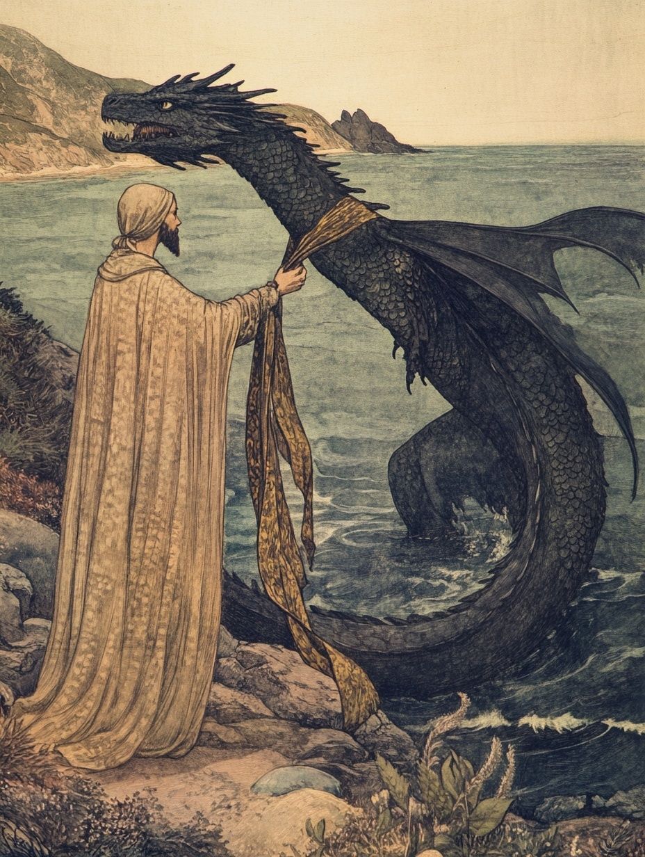 saint wearing cloak leads dragon to sea by scarf wrapped round its neck