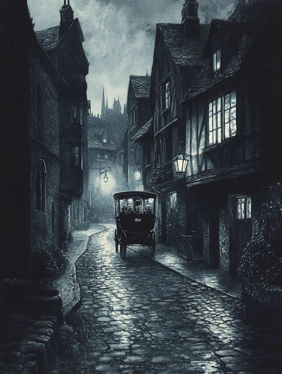 a dreary old street, old fashioned cart