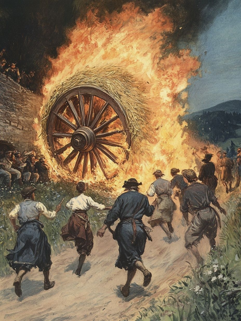 villagers chase a burning wagon wheel covered in straw