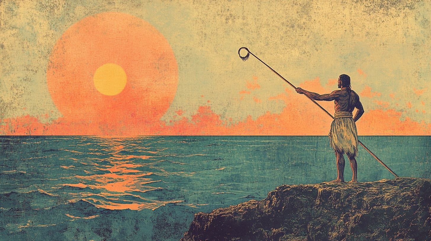 man with pole at ocean catching sun