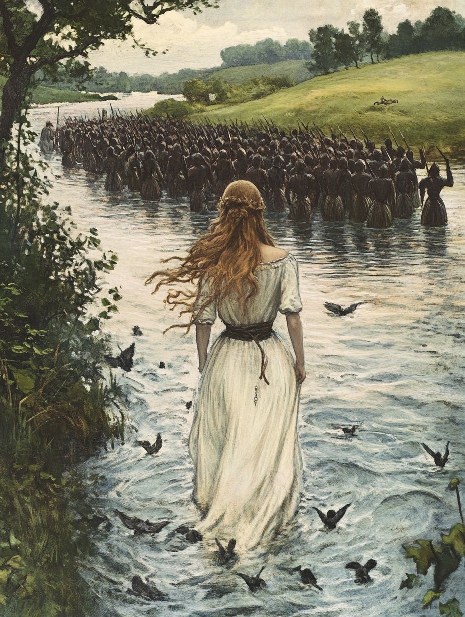 woman in white wades into water in front of hundreds of men