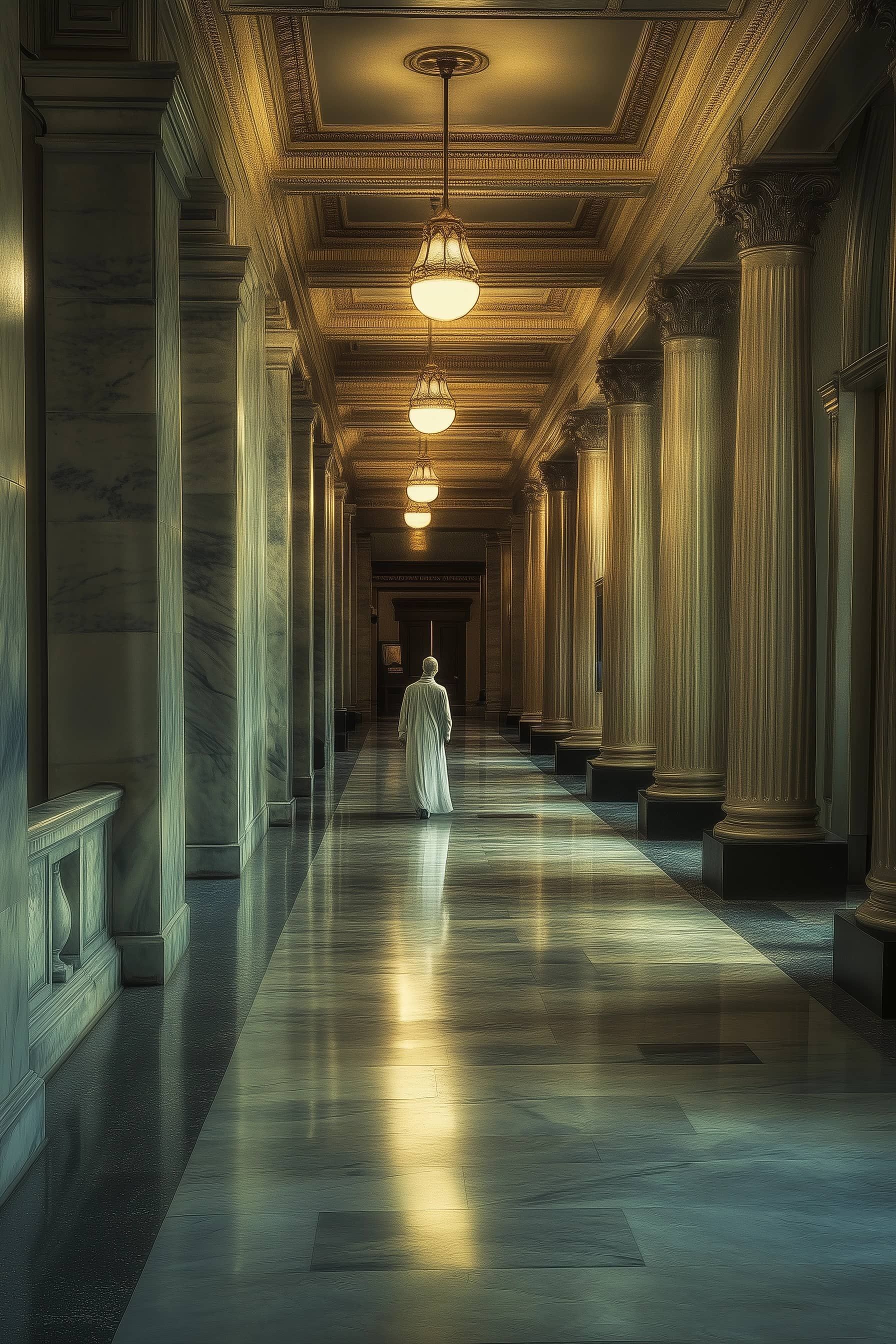 An empty corridor inside the Tennessee State Capitol, dimly lit by early evening light, A ghostly figure of a man in 19th-century clothing walks the hallway, marble floors, stately columns, ghost tennessee state capitol