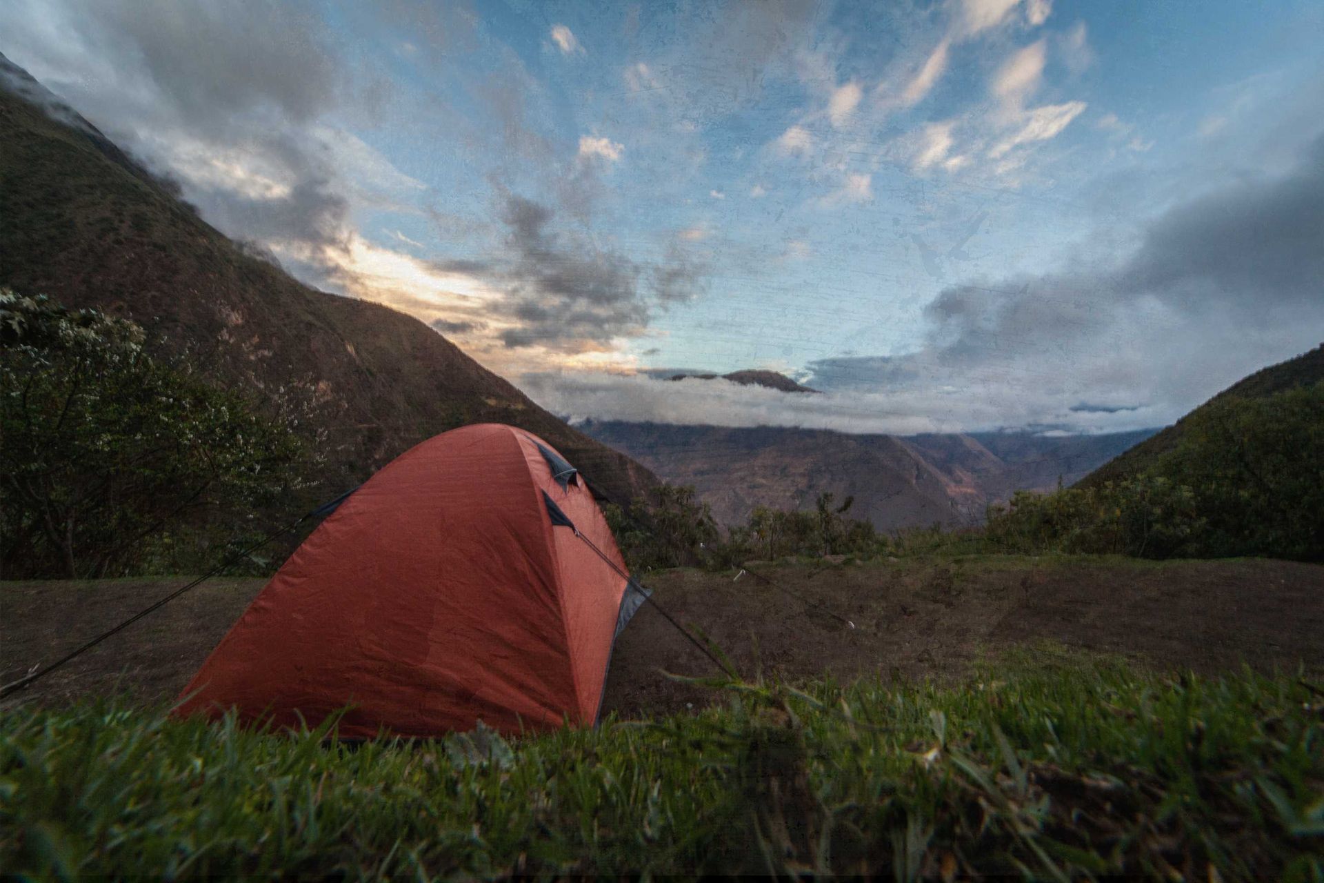 red tent, evening sky, andes mountains peru
