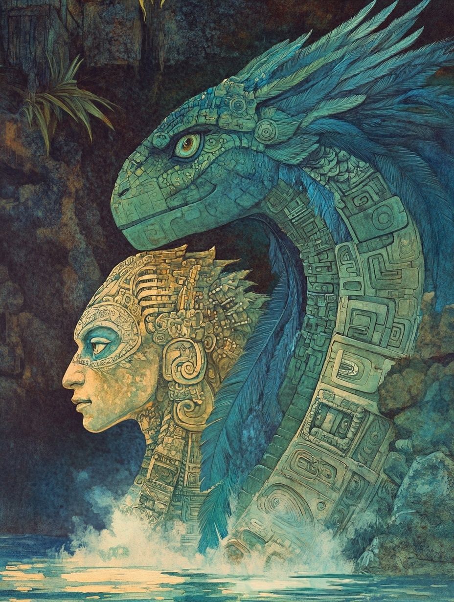 serpent like aztec gods, blue green feathers