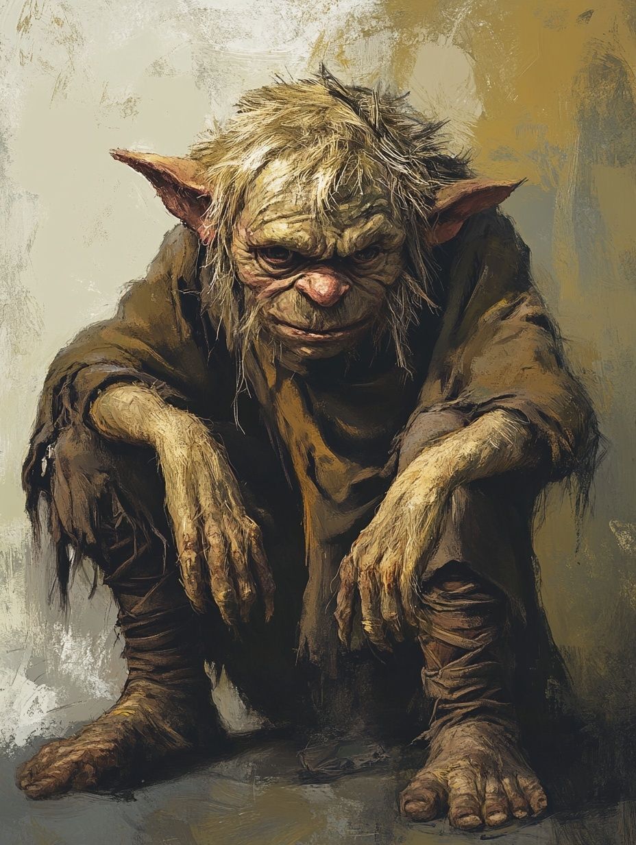 hairy goblin creature, ragged clothes