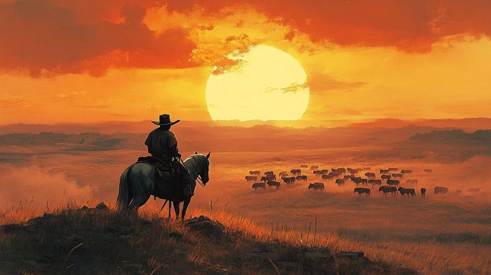 a lone cowboy on horseback, longhorn cattle, Texas plains, sunset