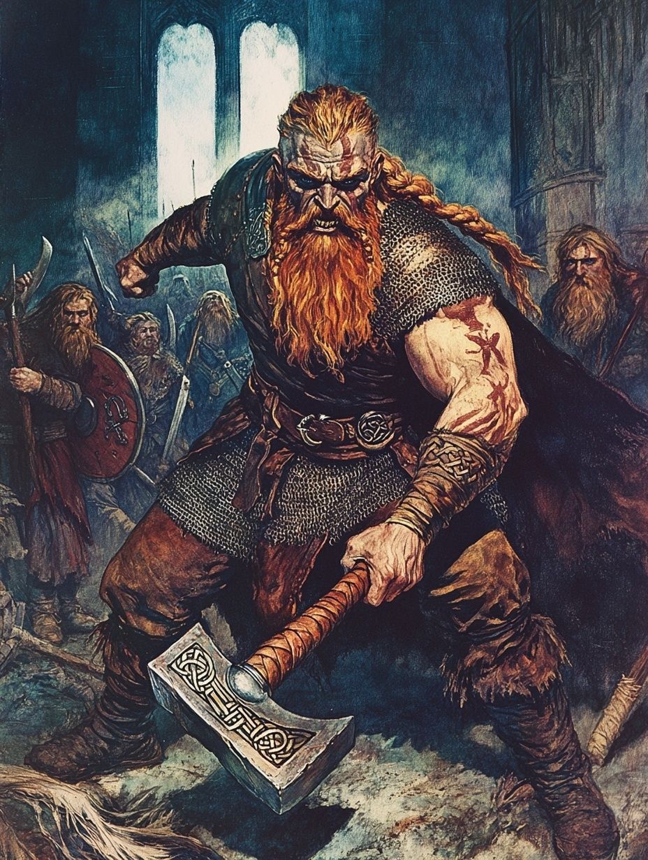 A powerfully built, red-bearded warrior with fierce eyes and braided beard, wearing a leather tunic over mail, gripping a heavy, short-handled war hammer with knotwork carvings on its head, in a longhouse filled with Viking warriors, vintage illustration.