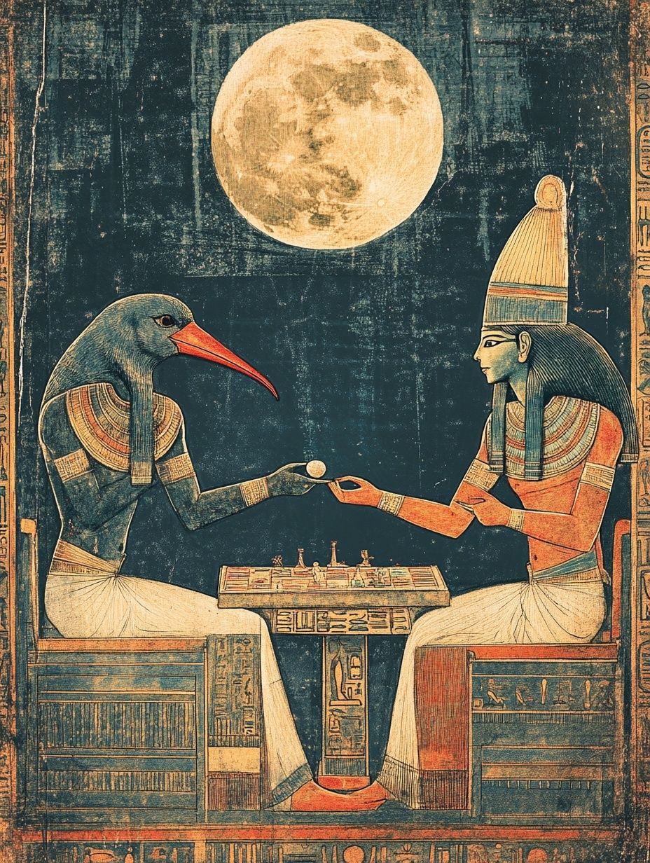 ancient Egyptian gods playing ancient board game under full moon