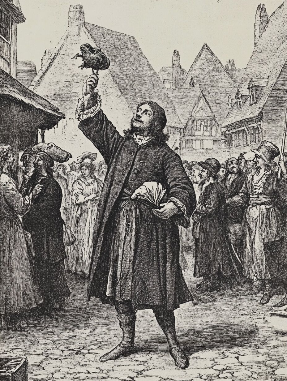 a man in early modern Britain holds a toad aloft, busy marketplace