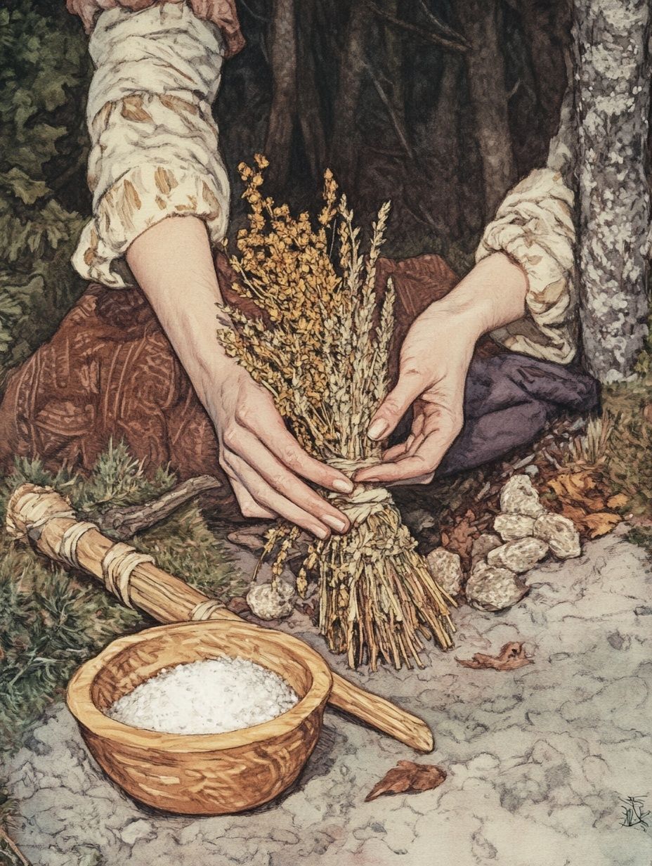 hands prepare herbs, wood bowl