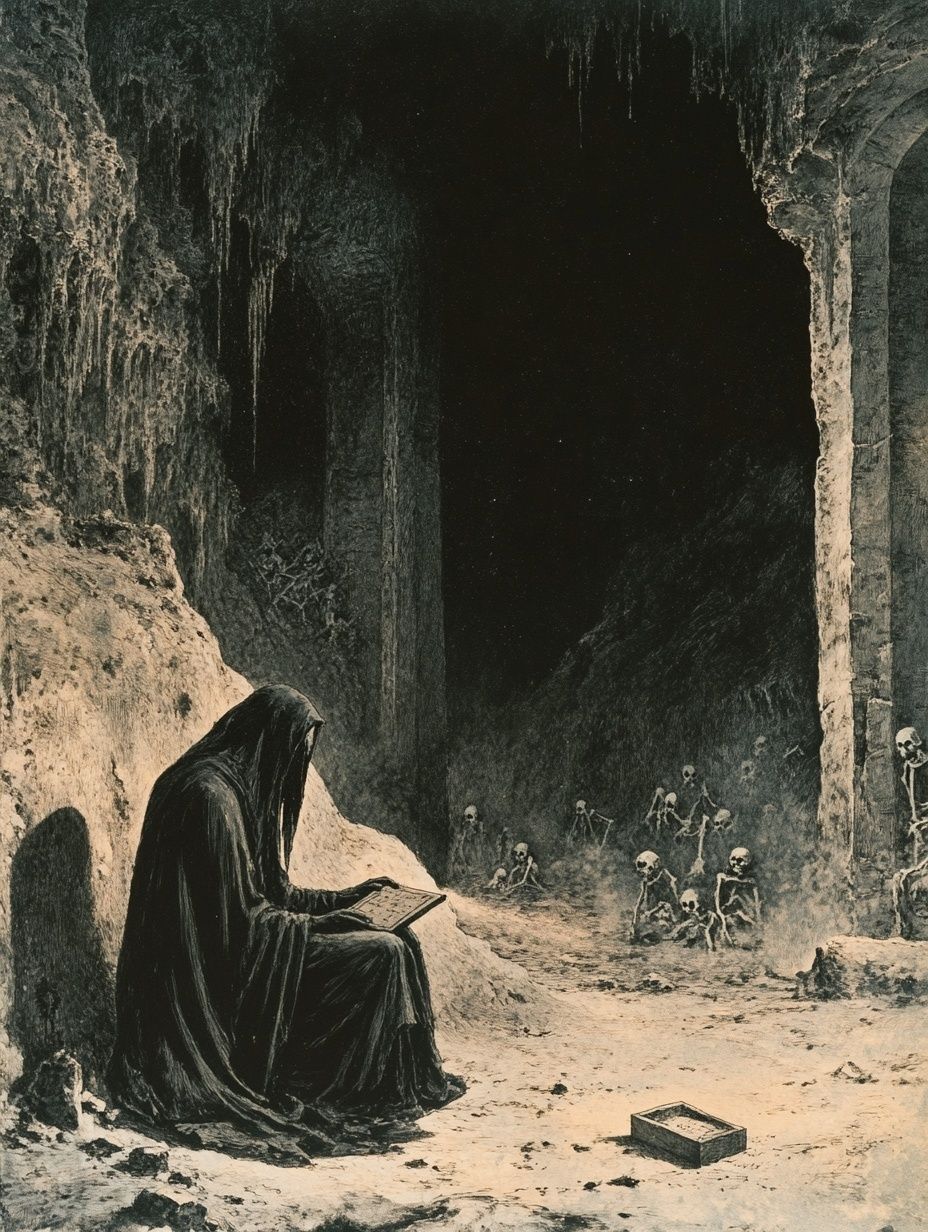dark cloaked figure in underworld, skeletons in background