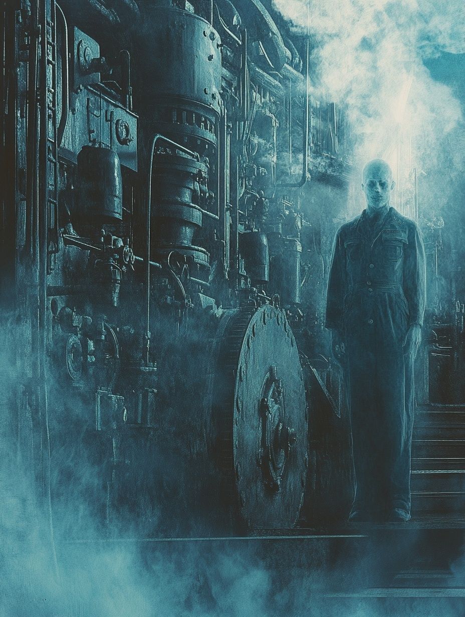 ghostly image stands near complex machinery
