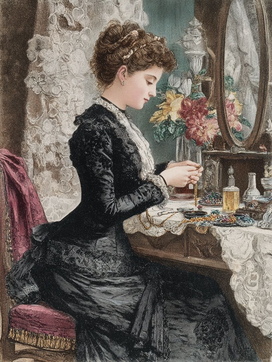 victorian woman at table, playing with charm bracelet