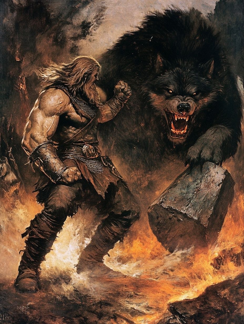 a norse god battles a huge wolf, fiery background