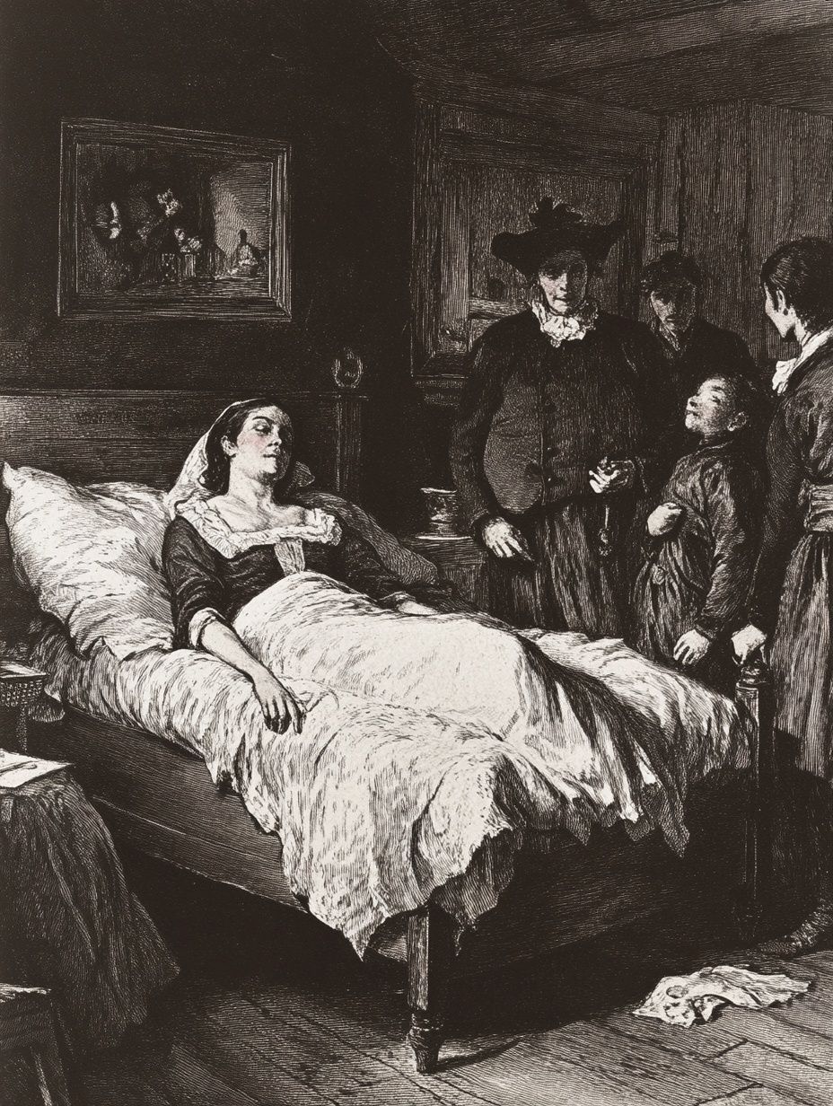 sickly woman in bed, surrounded by family