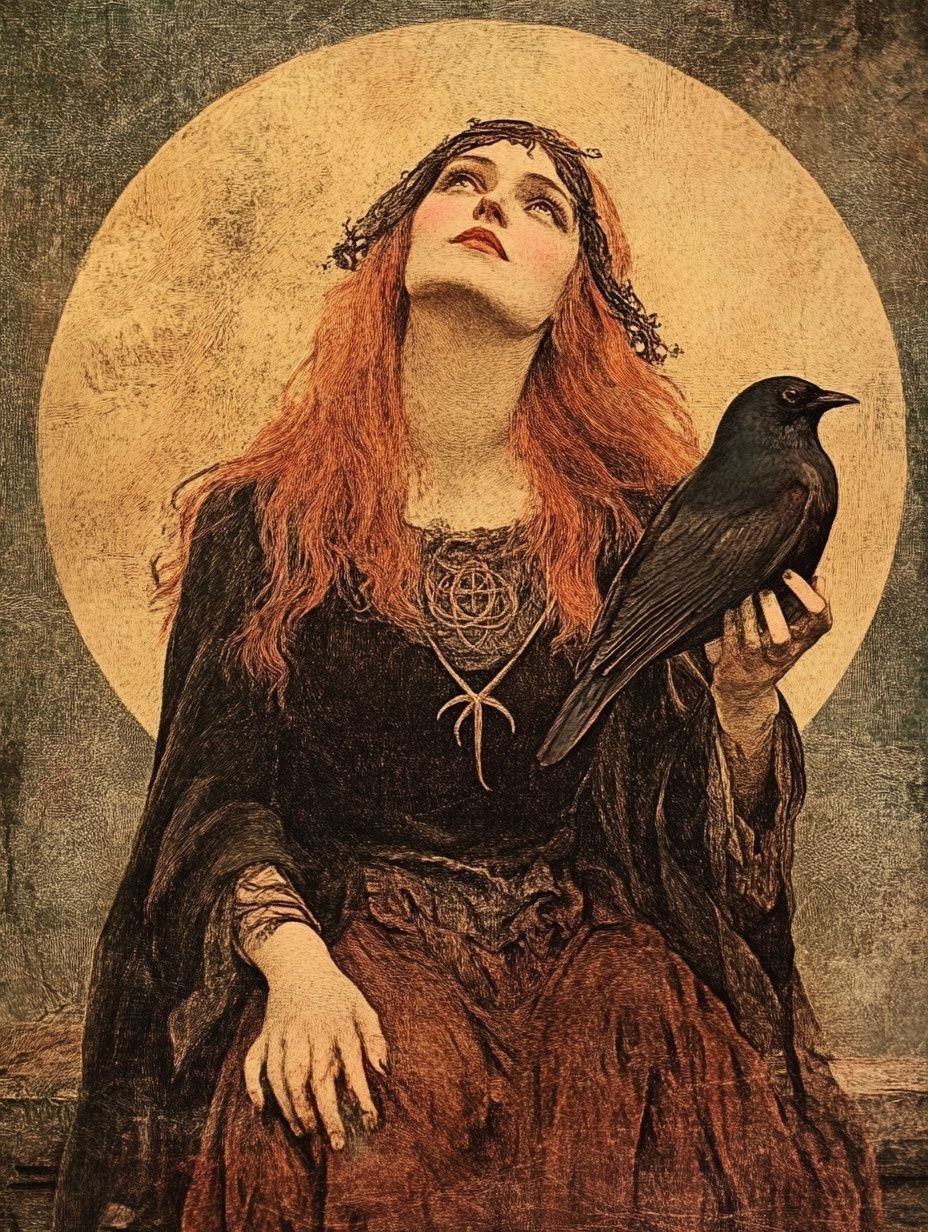 woman long red hair holds raven in front of full moon