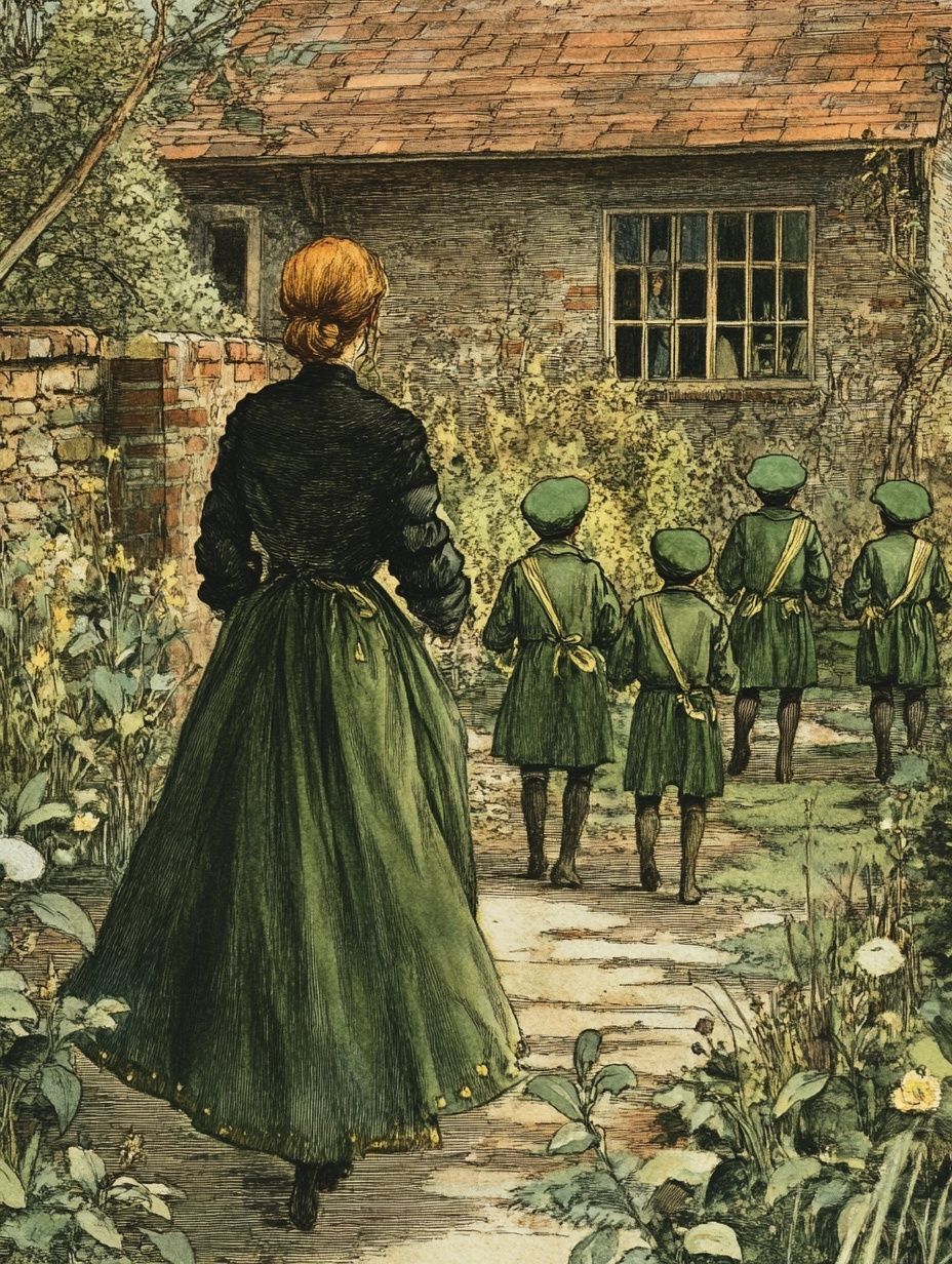 a woman walks behind a group of small men dressed in green, vintage british