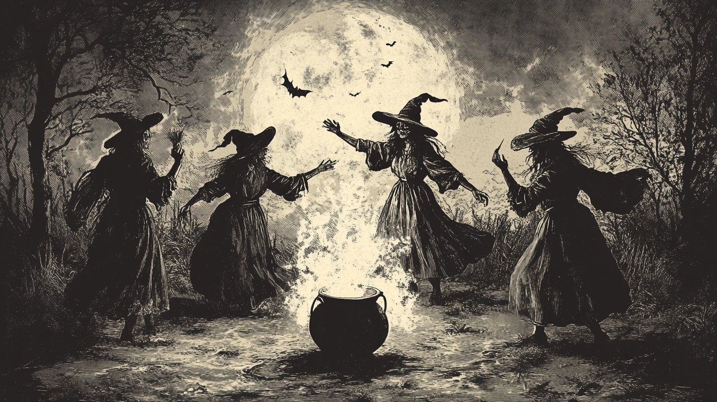 witches dance around a cauldron under moonlight