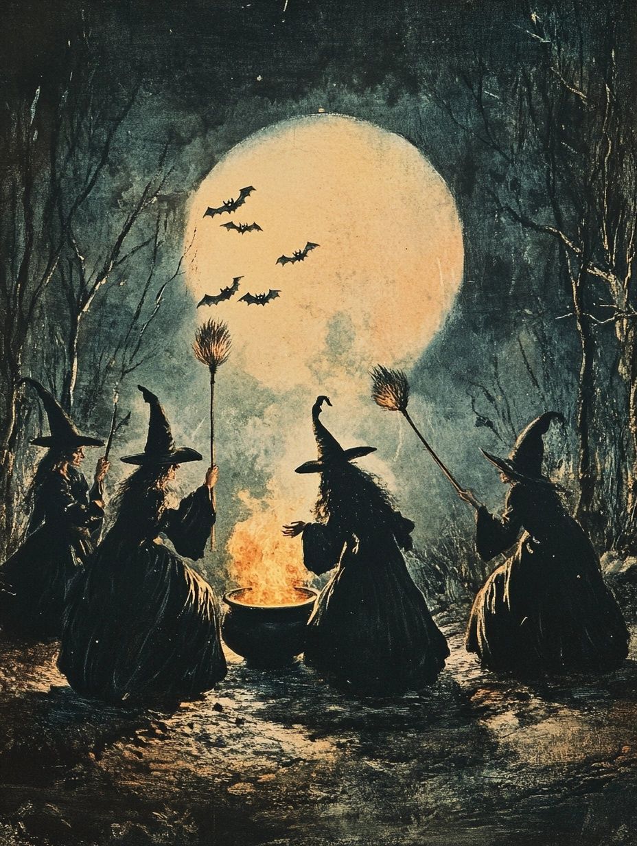 witches around cauldron fire, moonlight, bats
