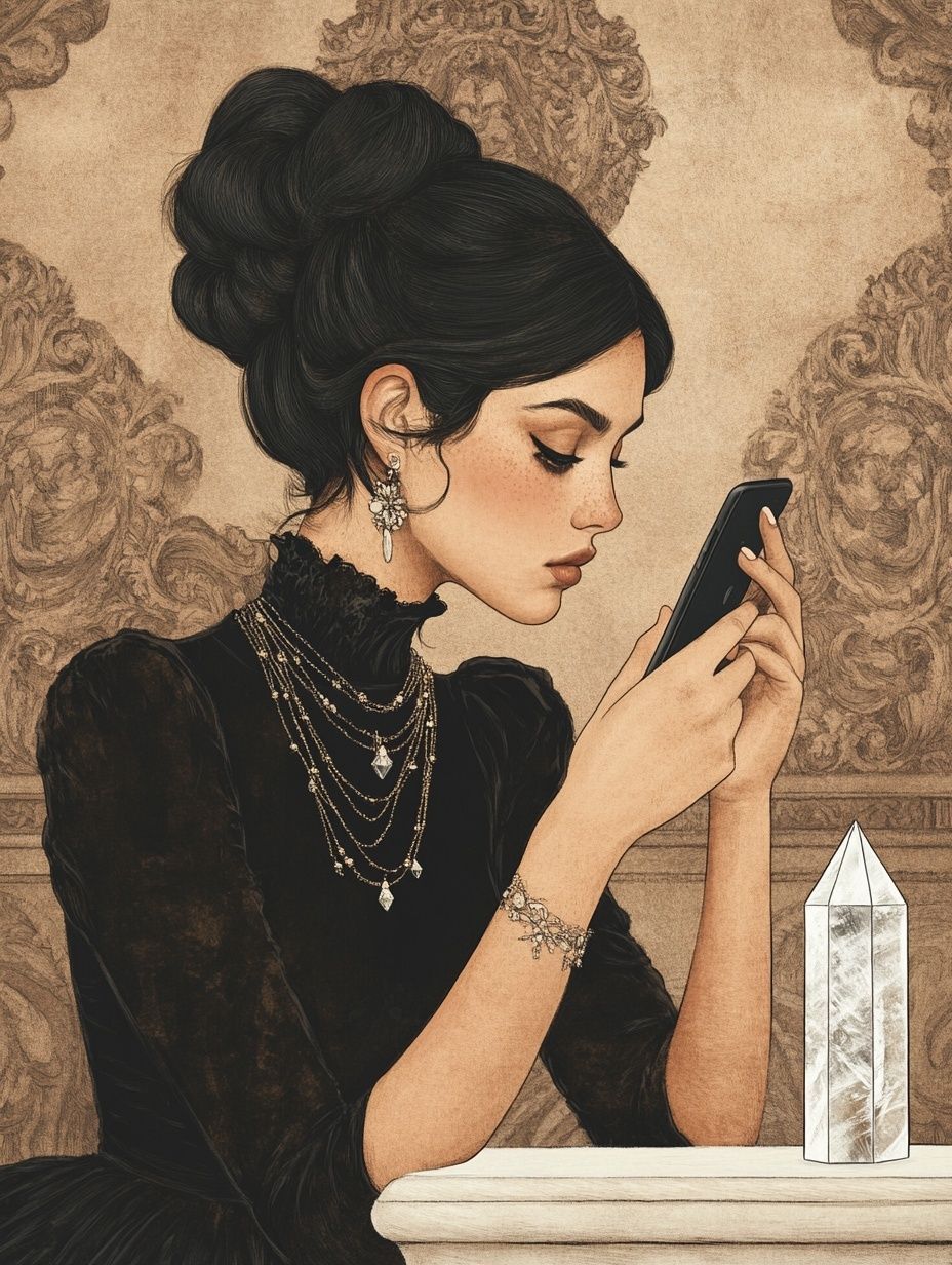 young woman on her phone, adorned with crystals and other