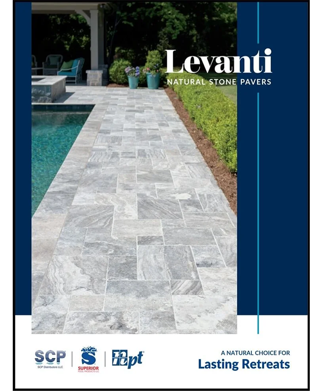 Levanti natural stone pavers beside a pool, showing a light gray patio walkway.