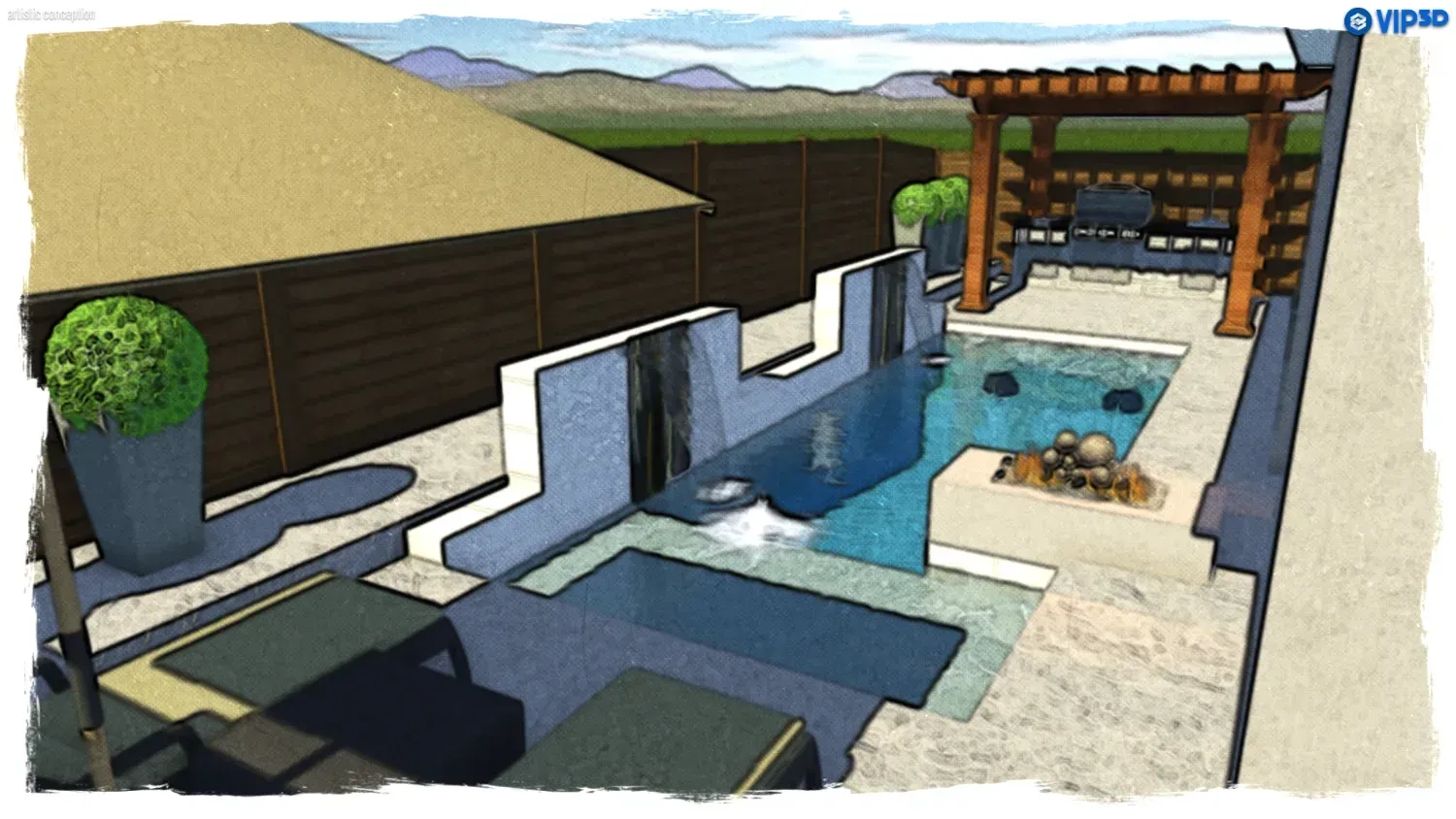 Luxury backyard with pool, patio seating, pergola, and desert hills in the background