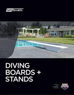 Poolside diving board and stand in a backyard setting, with SR Smith logo and “DIVING BOARDS + STANDS” text