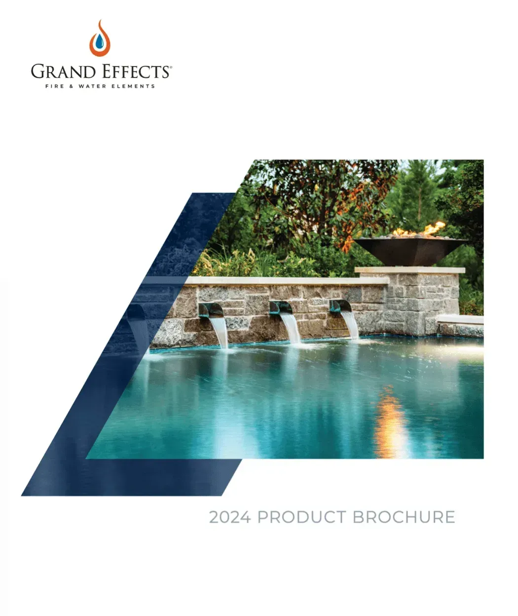 Grand Effects 2024 product brochure cover with a backyard pool and stone water feature