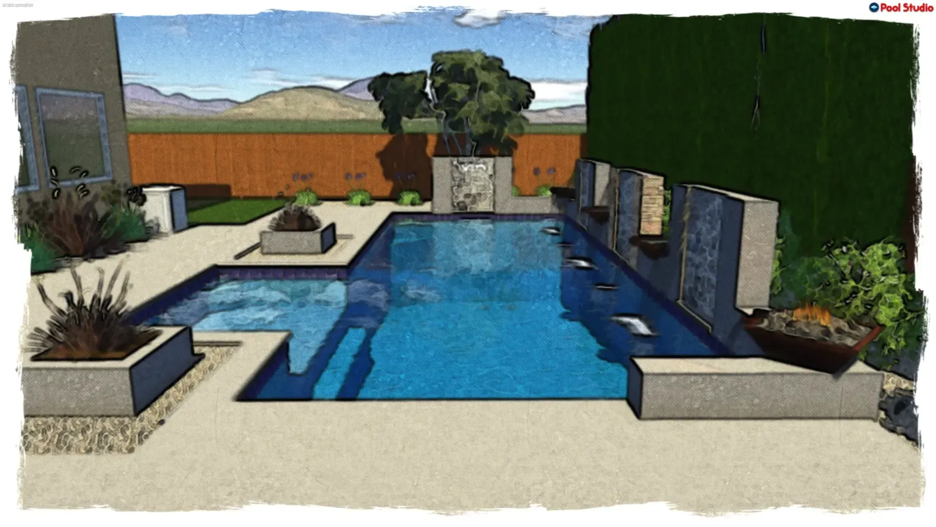 Modern backyard pool with stone patio, raised planters, and green hedge wall under a blue sky