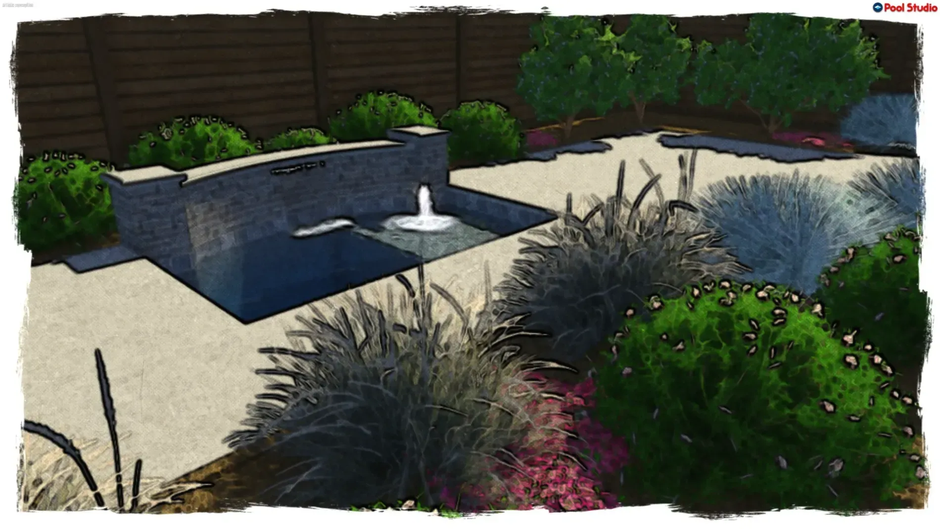 Modern backyard patio with a rectangular fire pit, raised planter beds, gravel, and green shrubs.