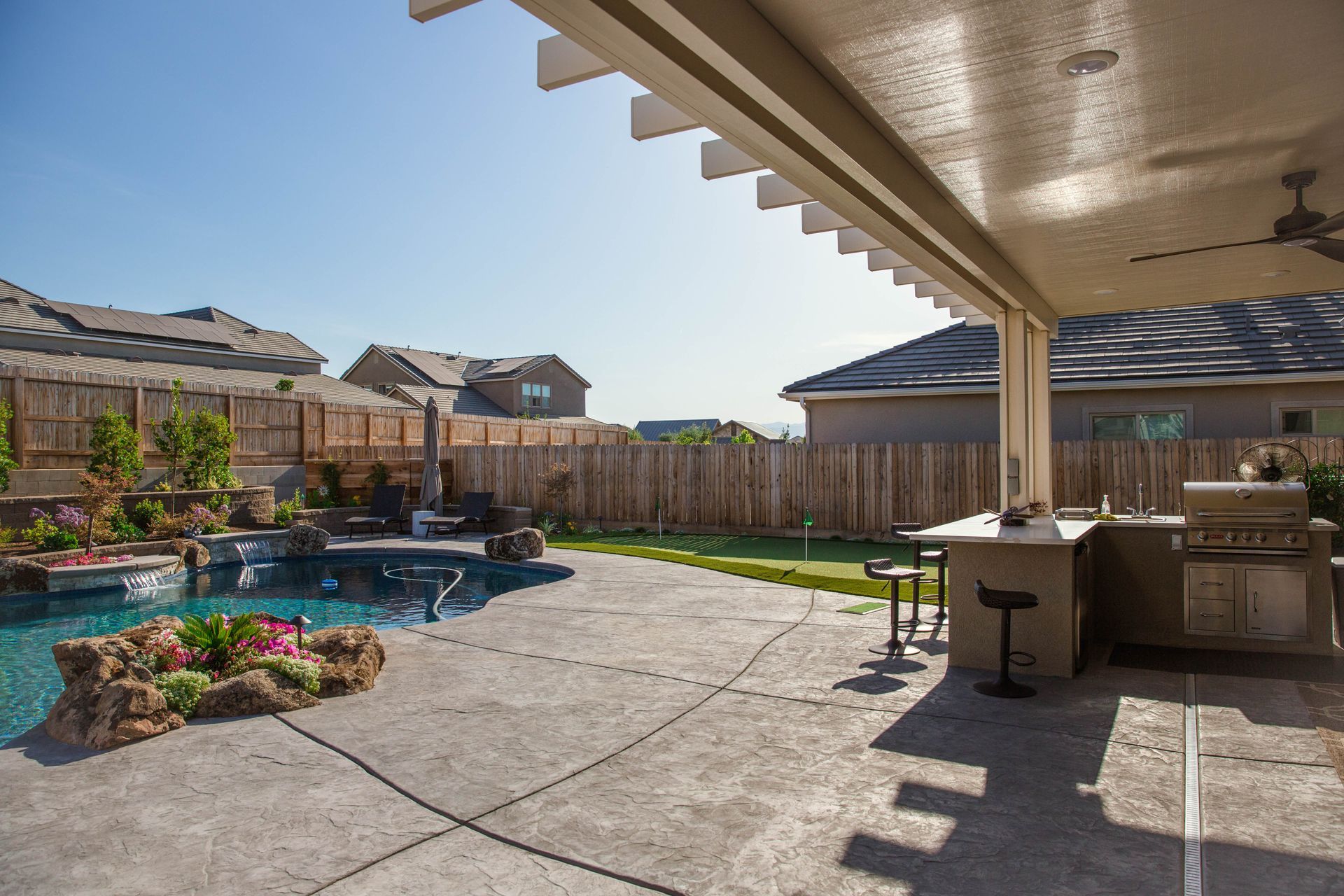 Backyard patio with covered seating, pool, and landscaped fence under a sunny sky