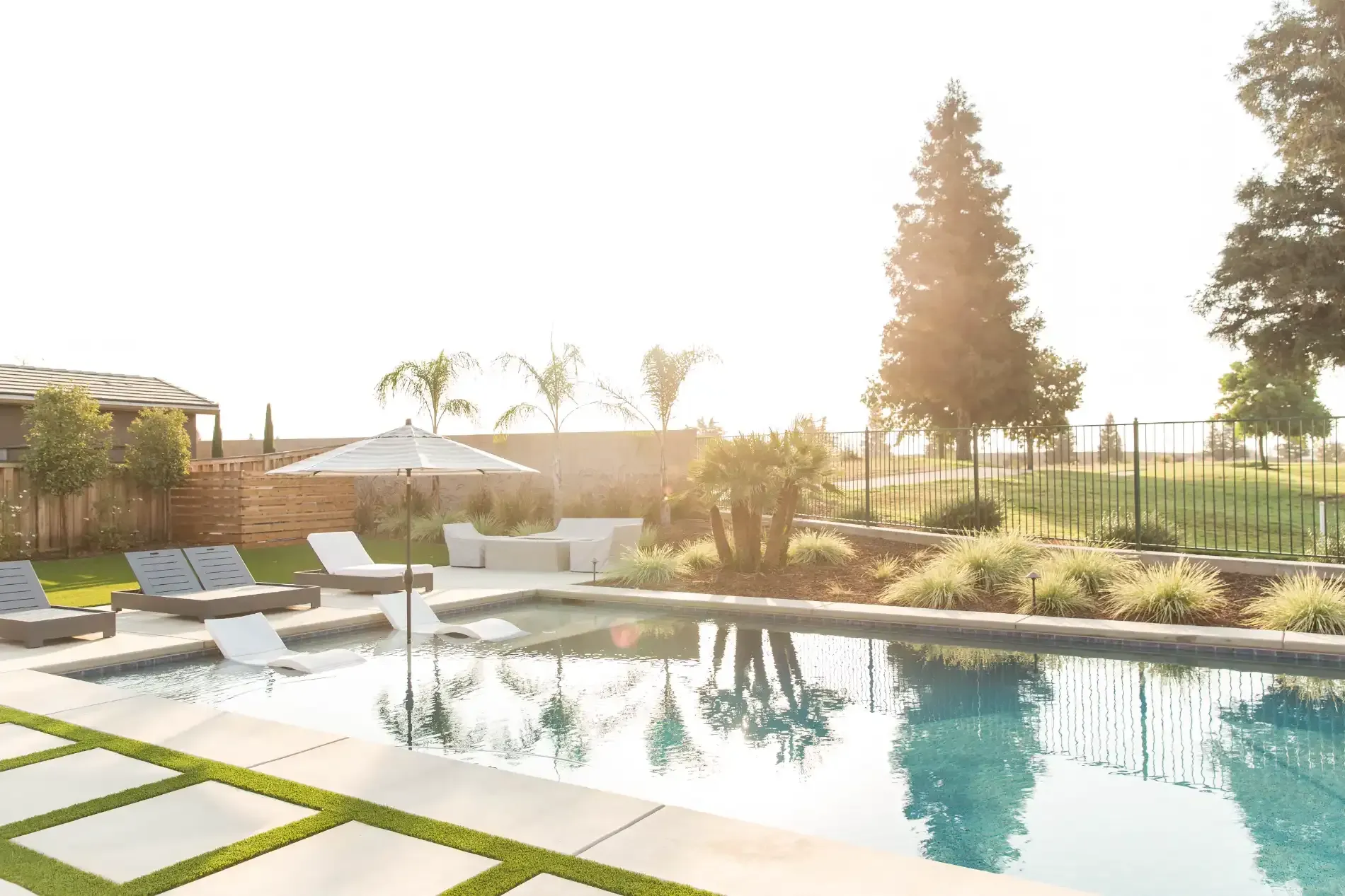 Sunlit backyard pool with lounge chairs, landscaped lawn, and tall trees at sunset